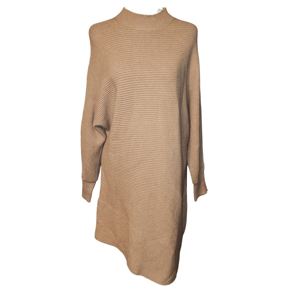 BLACK TAPE Mock Neck Ribbed Asymmetrical Hem Long Sleeve Sweater Dress Camel PL